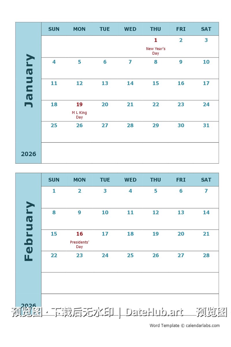 2026每页双月日历24